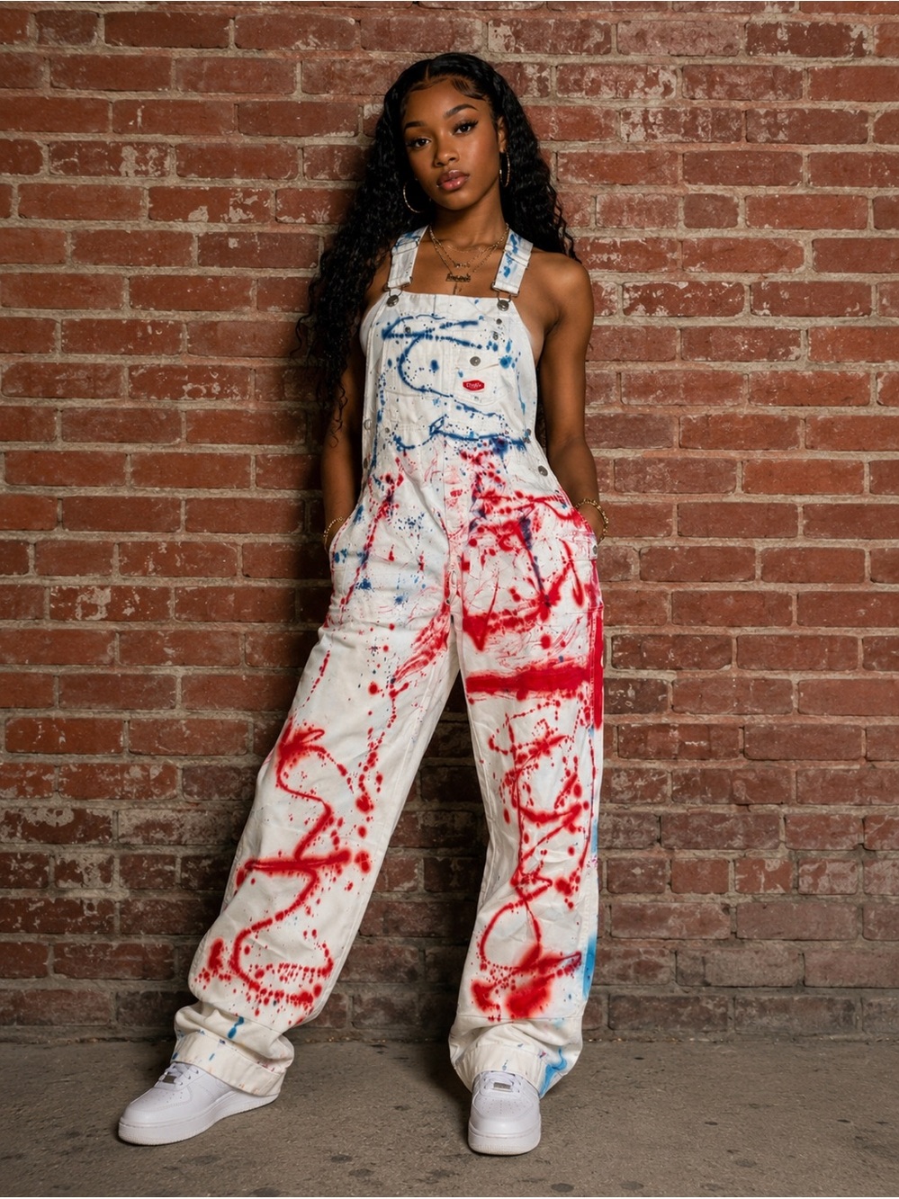 White Paint-Splatter Women's Overalls Jumpsuit with Red & Blue Detail